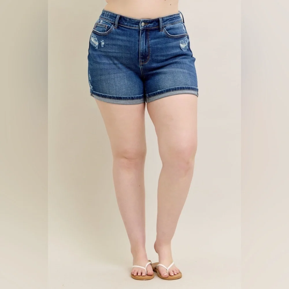 Judy Blue Womens Size 3XL Med Wash Distressed Denim Dad Short Cell Phone Pocket